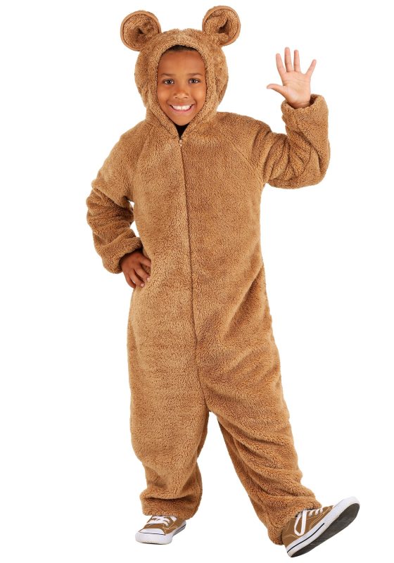 A toddler smiling while wearing brown bear costumes for kids with plush ears.