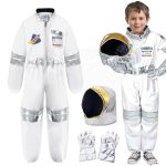 Child wearing a white Astronaut Costume for Kids with space patches.