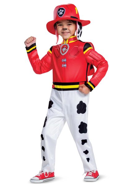 Child wearing Paw Patrol costumes for kids at a birthday party.