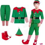 A smiling child wearing green and red Christmas Elf costumes for kids with a bell hat.