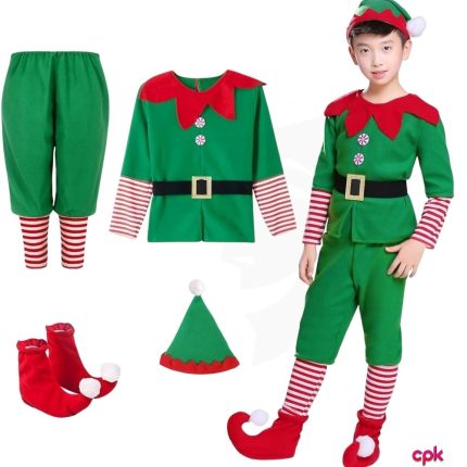 A smiling child wearing green and red Christmas Elf costumes for kids with a bell hat.