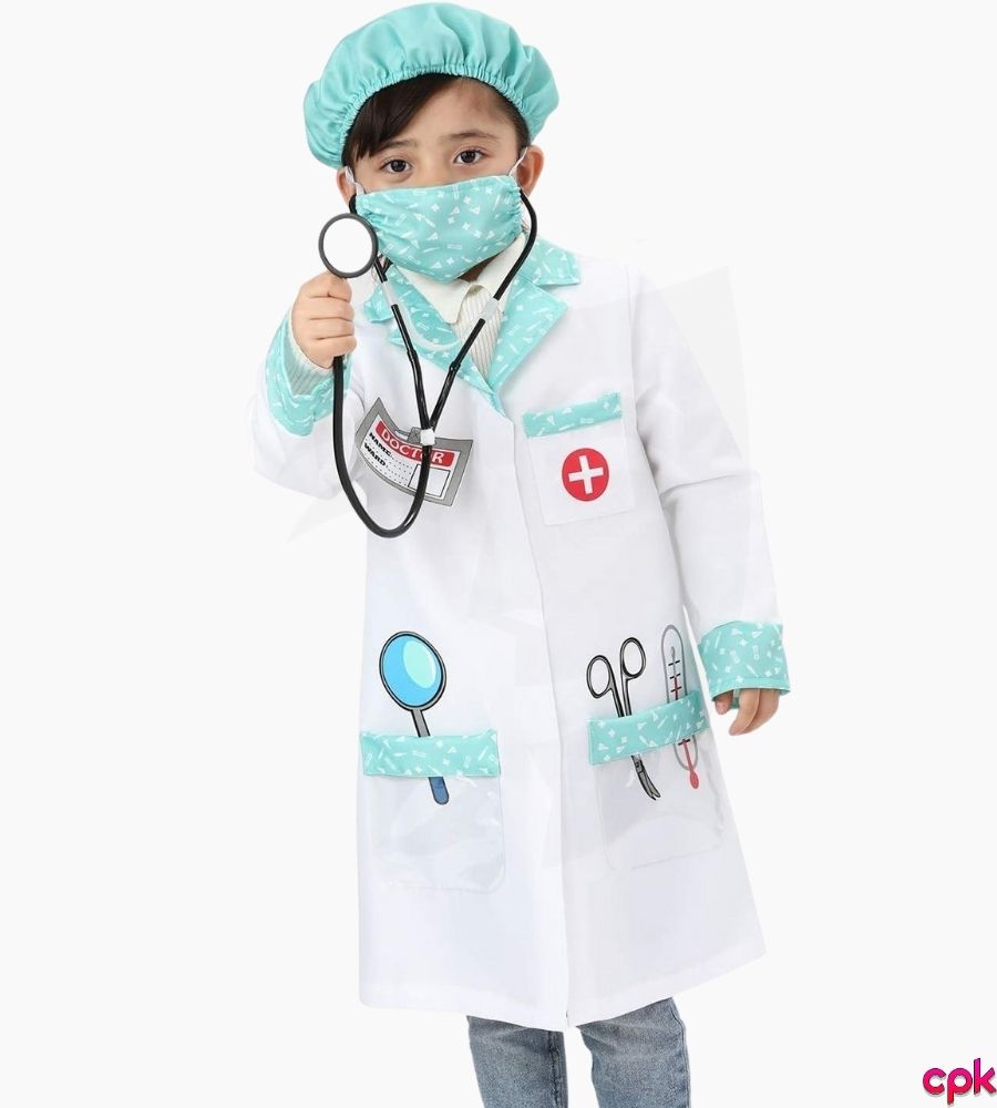 Child wearing a professional Doctor Costume for Kids from costumes.pk