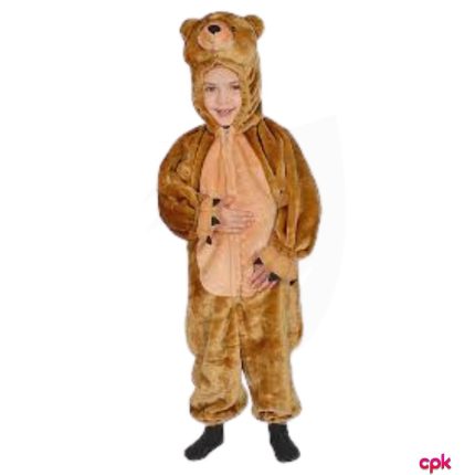 A toddler smiling while wearing brown bear costume for kids with plush ears.