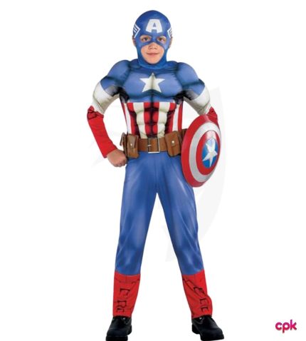 Captain America costume for kids! High-quality, muscular padded suits perfect for birthdays and school events. Available in multiple sizes with fast delivery across Pakistan.