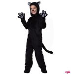 Little girl wearing black cat costume for kids with ears and a tail.