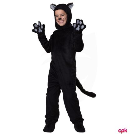 Little girl wearing black cat costume for kids with ears and a tail.
