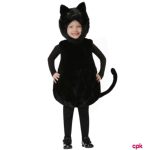 Little girl wearing black cat costumes for kids with ears and a tail.