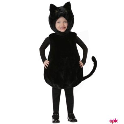 Little girl wearing black cat costumes for kids with ears and a tail.