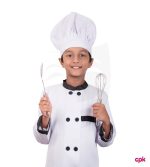 Boy in a white jacket and hat wearing Chef costume for kids.
