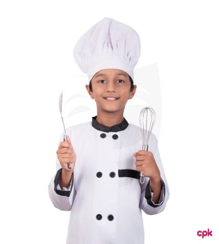 Boy in a white jacket and hat wearing Chef costumes for kids.