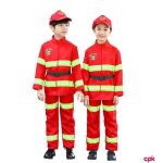 Little boy wearing a red firefighter costume for kids from costumes.pk