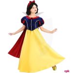 Little girl wearing Snow White costume for girls with a red headband.