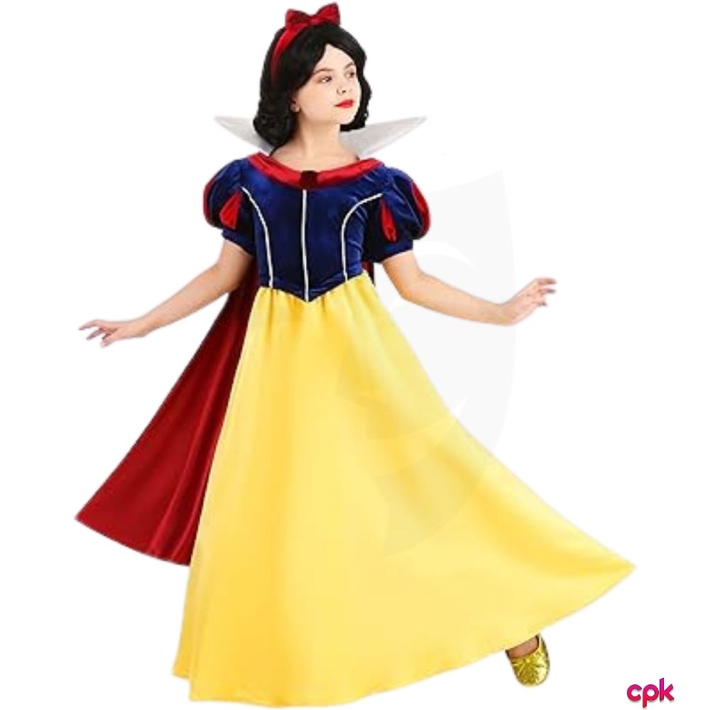 Little girl wearing Snow White costume for girls with a red headband.