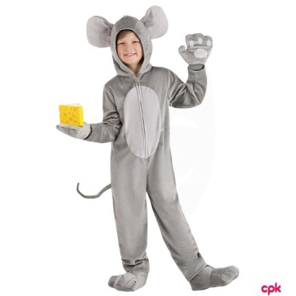 A small child posing in grey mouse costume for kids with pink ears.