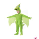 Toddler wearing green T-Rex dinosaur costume for kids for a school play.