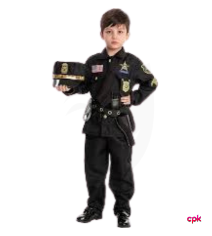 Boy in a blue uniform wearing police costume for kids with a badge.