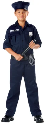 Boy in a blue uniform wearing police costumes for kids with a badge
