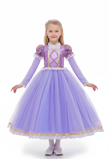 Beautiful purple Rapunzel princess dress for girls with gold embroidery