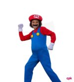 Boy jumping in the air wearing red and blue Super Mario costume for kids.