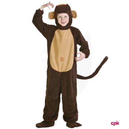 Toddler jumping joyfully while wearing brown monkey costumes for kids.