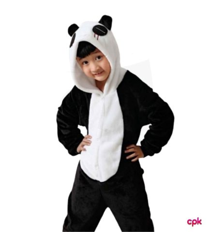 A happy child wearing soft black and white panda costume for kids with ears