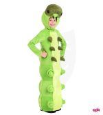Child smiling in vibrant green and red caterpillar costume for kids with antennae.