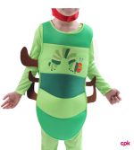 Child smiling in vibrant green and red caterpillar costumes for kids with antennae.
