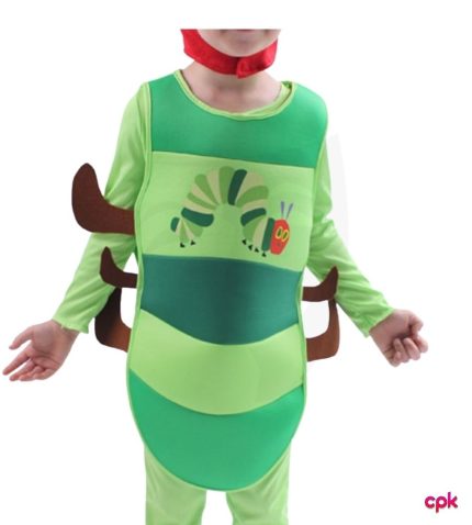 Child smiling in vibrant green and red caterpillar costumes for kids with antennae.