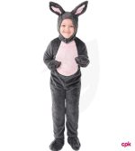 Little child smiling while wearing white and pink rabbit costumes for kids with long ears.