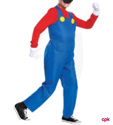 Boy jumping in the air wearing red and blue Super Mario costumes for kids.