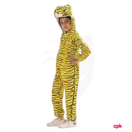 A young child roaring while wearing orange and black tiger costumes for kids.