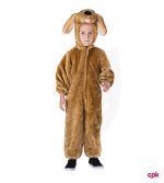 Adorable puppy wearing cute dog A child wearing a fluffy brown bear costume in Pakistan for a school play