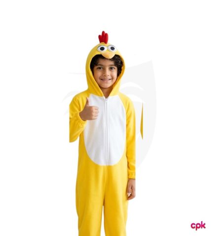 Front and back view of a Pakistani boy wearing a yellow cute chick costume kids jumpsuit.