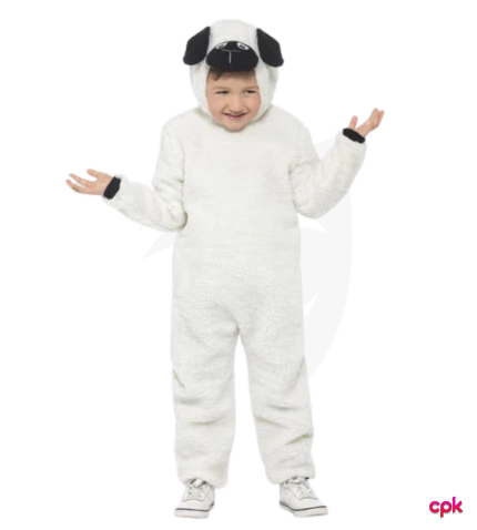 A young Pakistani boy wearing a fluffy white Lamb Costume for Kids with a cute hood and ears.