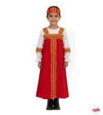 Six year old Pakistani girl in red and white Russian cultural costume for kids front and back view