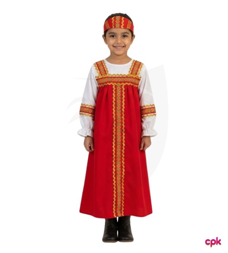 Six year old Pakistani girl in red and white Russian cultural costume for kids front and back view